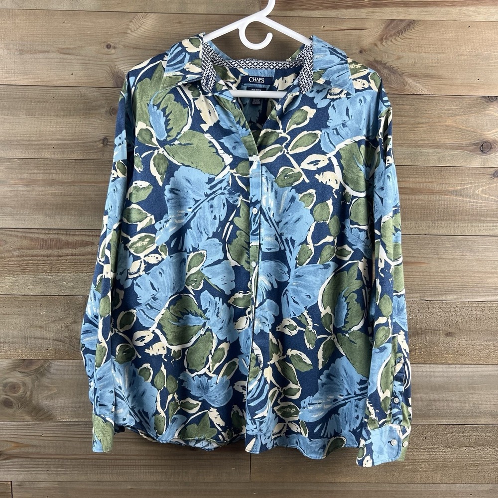 Chaps Womens Shirt Long Sleeve Button Up No‎ Iron Flip Cuff Cotton Tropical 2X